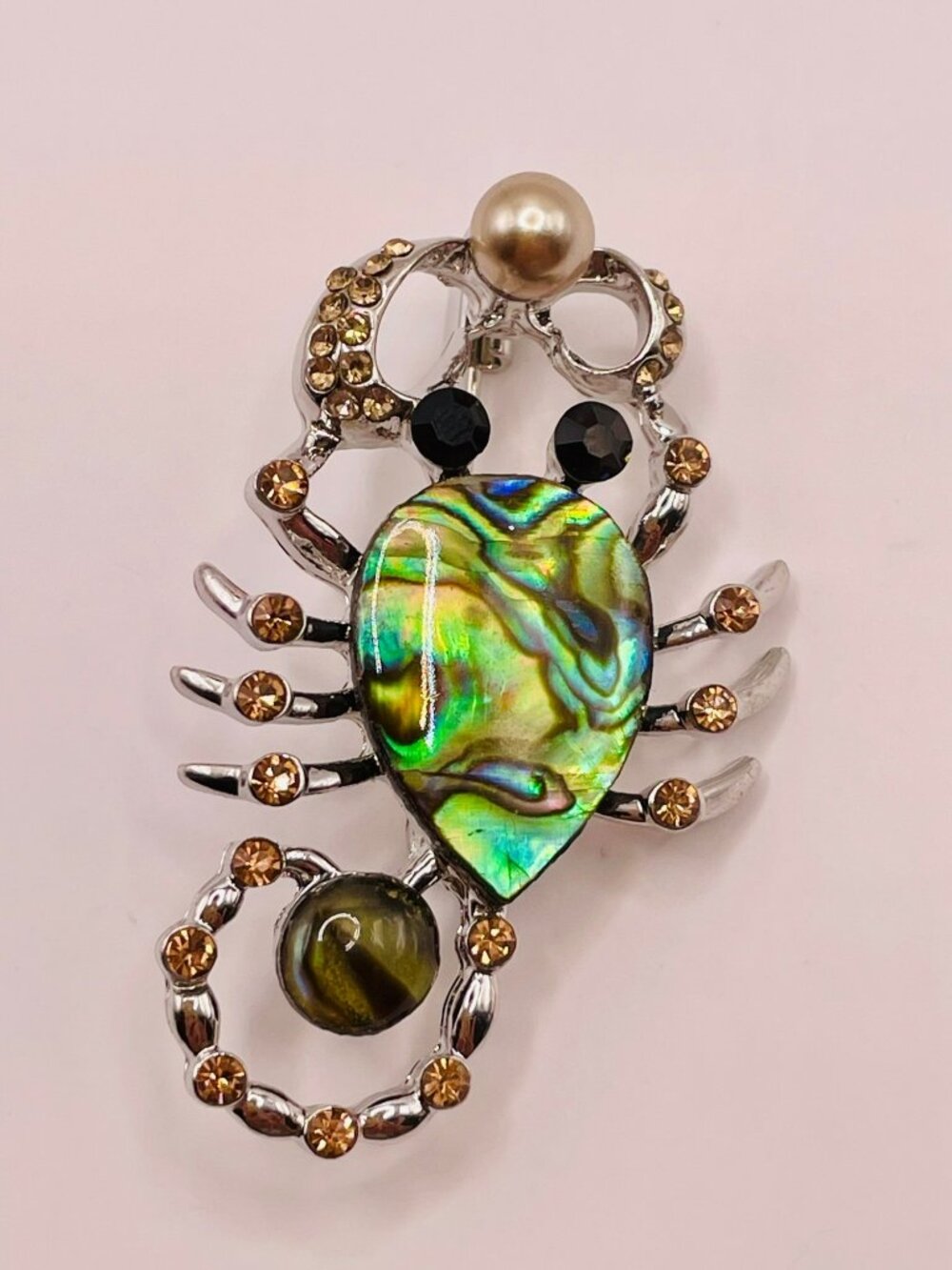 Scorpion Brooch Abalone Shell Crystals & Faux Pearl Accent Silver-Tone -75B